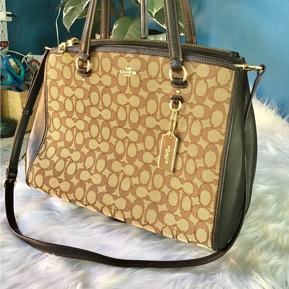 Coach 2-Way Signature Canvas Leather Handbag Shoulder Bag Beige Brown Excellent - Picture 3 of 12